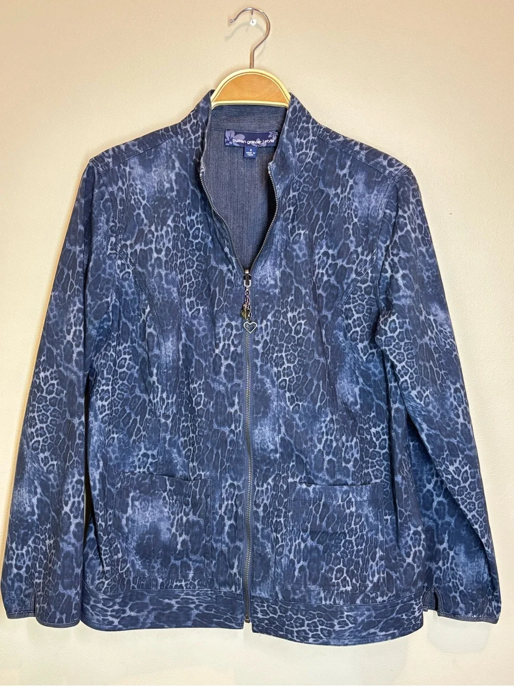 Susan Graver Reversible Stretch Denim Blue Animal-Print Zip-Up Jacket, Small